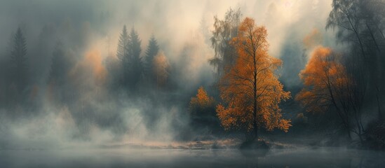 A painting depicting a tranquil lake surrounded by trees in the background, set against a misty autumn morning fog. The serene landscape captures the essence of a peaceful nature scene.