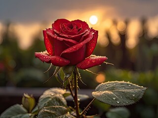 Red rose with raindrops in the summer garden
