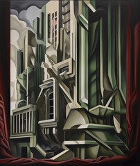 Interwar cubist-style painting of big-city skyscrapers, semi-abstract in a muted color palette. From the series “Abstract Noir."