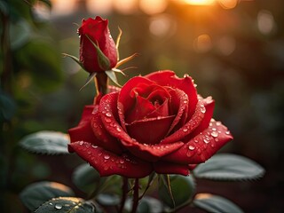 Red rose with raindrops in the summer garden