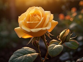 Yellow rose in the garden in the sunset light