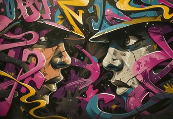 Extreme close-up color photograph of a graffiti mural showing the mirror image of a man in profile facing himself, extravagant, lurid style. From the series “Imaginary Museums."