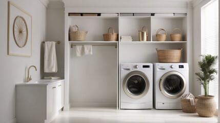  A Beautiful laundry room with a long narrow space, washing machine in the kitchen - obrazy, fototapety, plakaty