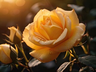 Yellow rose in the garden in the sunset light