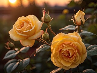 Yellow rose in the garden in the sunset light