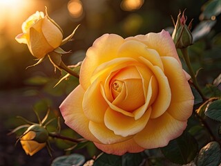 Yellow rose in the garden in the sunset light