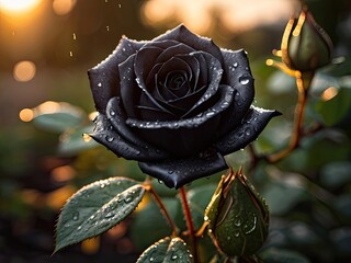 Black rose with raindrops