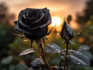 Black rose with raindrops