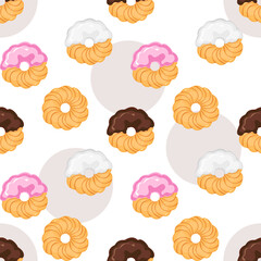 Cute cookies vector flat seamless pattern in bright colors. Vector illustration for paper cover, fabric inside, white background, and other users.