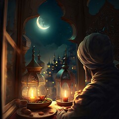 Illustration of a man in a turban facing two lanterns with burning candles on the window of a house...
