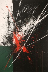 Abstract painting of large color blocks overlaid with streaks and splatters, sharp contrasts, strong lines. From the series “Lightbox."