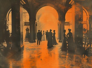 Old colorized sepia phtography of people seen in silhouette on a grand marble palace veranda. From the series “The Phantom Raj.