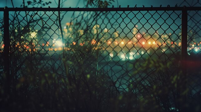 Realistic outdoor nighttime color photograph of distant city lights on the other side of a river seen through a chain link fence, bokeh. From the series &ldquo;Arcs Circles Grids."
