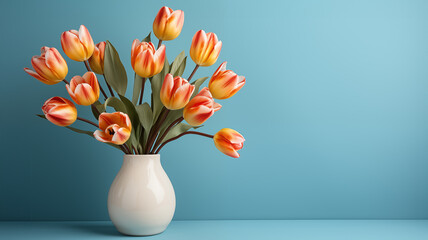 Orange tulips in vase on  blue background with copy space - obrazy, fototapety, plakaty