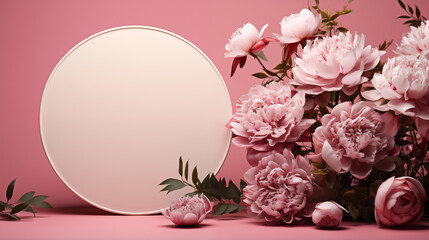 Round light podium surrounded by peonies on pink background