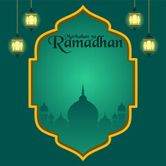 Marhaban ya Ramadhan
greeting card design with Islamic frame decoration, lanterns and mosque silhouette in the middle