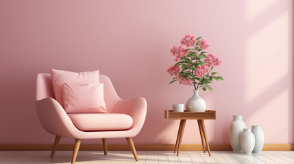 Glamorous interior in pink tones with an armchair and table and light from the window