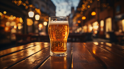 Glass of light beer on blurred city background