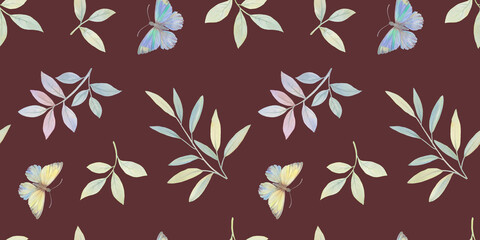 Seamless pattern with watercolor butterflies, branches and leaves