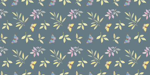 Seamless pattern with watercolor butterflies, branches and leaves