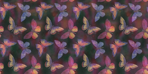 seamless pattern of colored butterflies, abstract background for design, watercolor pattern of flying butterflies, for wallpaper, wrapping paper and packaging