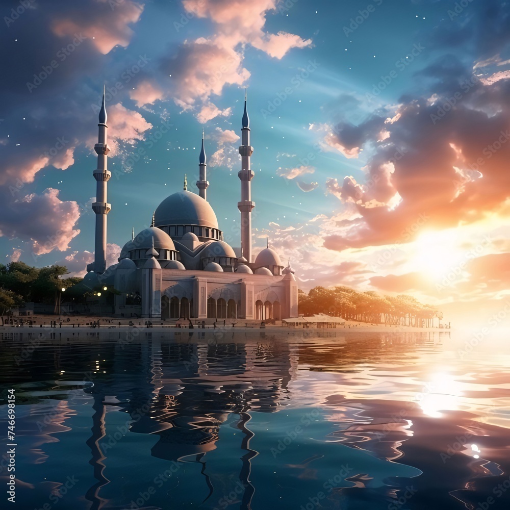 Poster Mosque building with minarets, over water, sunset. Mosque as a place of prayer for Muslims.