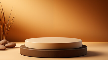 Round podium on beige background with copy space