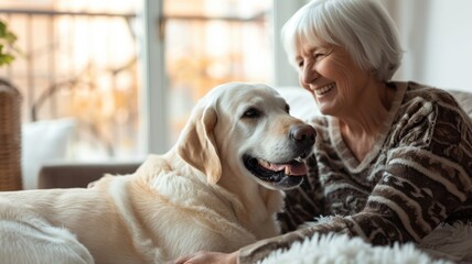 happy people at home with favorite pet , love and friendship of human and animal pragma