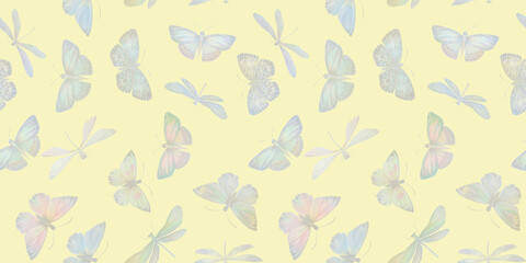 butterflies and dragonflies, seamless pattern, watercolor painting illustration, luxury wallpaper, premium modern design