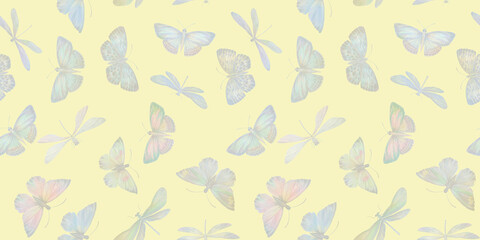 butterflies and dragonflies, seamless pattern, watercolor painting illustration, luxury wallpaper, premium modern design