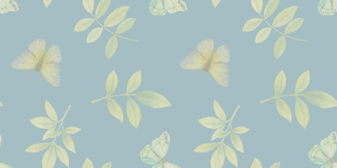 Watercolor design of butterflies and leaves. Illustration of drawn branches with leaves for design, butterflies flying seamless pattern