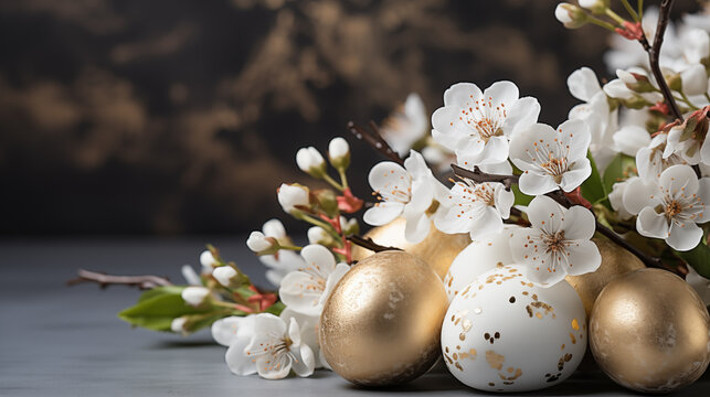 Decorated Easter eggs with blooming spring branches close up view