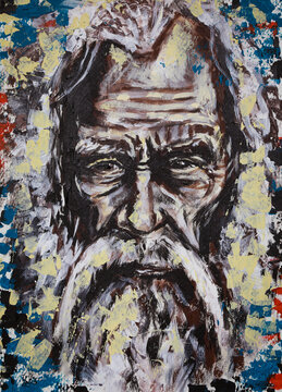 Oil painting of an old bearded man with kind eyes