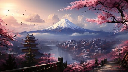 an image in front of cherry blossoms with mount, in the style of elaborate facades, mountainous vistas, enchanting realms, detailed world-building - obrazy, fototapety, plakaty