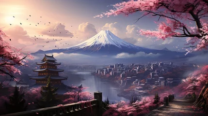 Fotobehang an image in front of cherry blossoms with mount, in the style of elaborate facades, mountainous vistas, enchanting realms, detailed world-building © Smilego