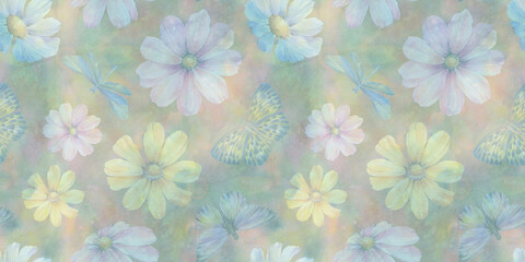 floral seamless background, hand drawn watercolor pattern of rudbeckia flowers, abstract illustration for wallpaper and packaging design