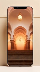 Smartphone screen overlooking the ornate doors leading to the mosque. Mosque as a place of prayer for Muslims.