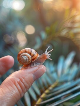 A tiny snail, shell intricate and body extending curiously, exploring the landscape of a palm, every detail of its form rendered with stunning clarity.