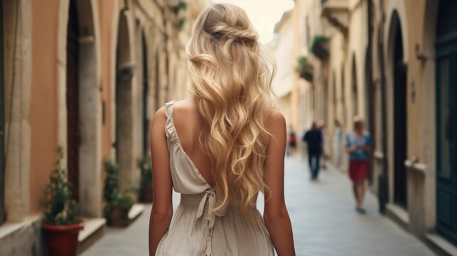 Fototapeta Beautiful blonde girl with long curly hair in a white dress walks in the old city. Caucasian woman walking through the streets of Europe. Travel concept.