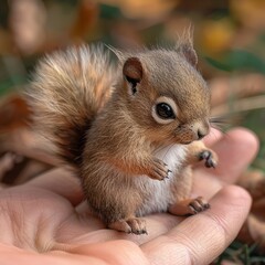 A miniature squirrel, tail fluffy and posture alert, held gently in a hand, its tiny features rendered with incredible realism.