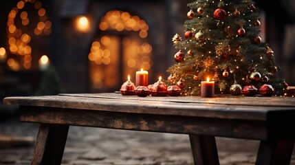 an image of a wooden table with a christmas tree is shown, in the style of blurred imagery, light red and dark brown, commission for, photobash, dark silver and yellow, rtx on, rusticcore - obrazy, fototapety, plakaty