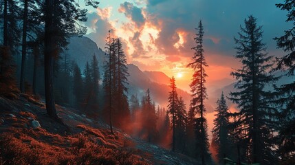 an image of an amazing sunset at the mountain, in the style of romanticized depictions of wilderness, vibrant color schemes, ethereal symbolism, natural symbolism - obrazy, fototapety, plakaty