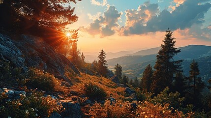 an image of an amazing sunset at the mountain, in the style of romanticized depictions of wilderness, vibrant color schemes, ethereal symbolism, natural symbolism - obrazy, fototapety, plakaty