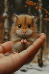 A small hamster, fur soft and eyes glistening, cupped in a child's hand, depicted with an impressive level of detail and realism.