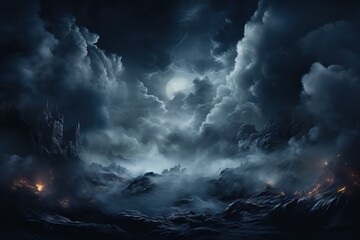 an image of black background with smoke, in the style of photo-realistic landscapes, mysterious backdrops, post-apocalyptic backdrops, light silver and light navy, vibrant stage backdrops, romantic mo - obrazy, fototapety, plakaty