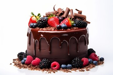 A decadent chocolate ganache birthday cake, garnished with fresh berries and chocolate shavings, displayed on a white background, enticing everyone with its richness.