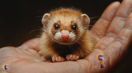 A small, curious ferret peeks from a hand, its fur texture and eyes rendered realistically.