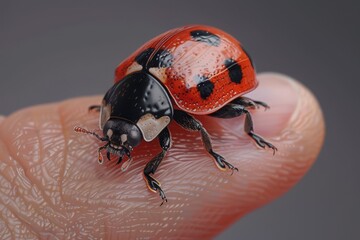 A glossy red and black ladybug crawls with intricate realism on a fingertip.