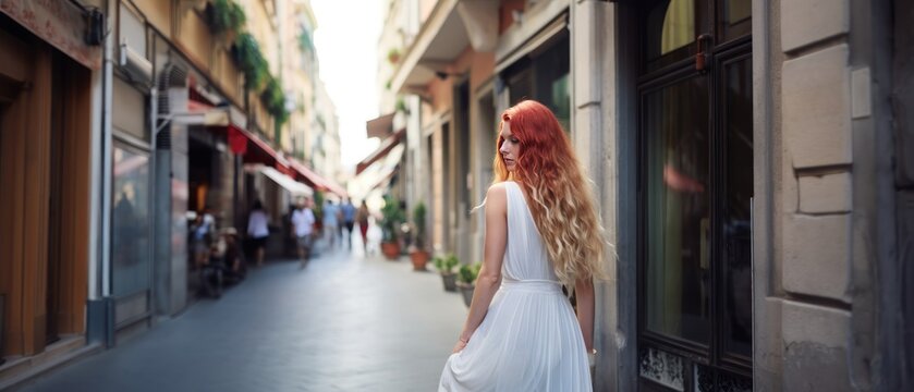 Fototapeta Beautiful young woman with red hair in a white dress walking in the city. Caucasian woman walking through the streets of Europe. Travel concept.