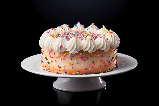 A beautifully frosted birthday cake with vibrant sprinkles, sitting on a white background, ready to be devoured.